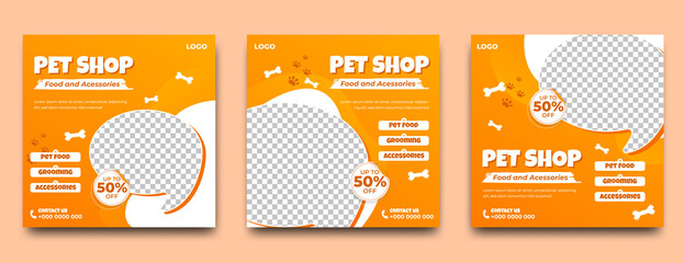 Set of Square banner design template for pet shop and pet care promotion. Usable for social media post, and web ads.