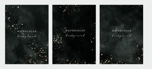 Wall Mural - Set of vector watercolor universal backgrounds with gold glitter and copy space for text. Design for social media, card, invitation, brochure, cover.