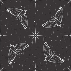 Wall Mural - vector seamless dark celestial pattern with stars and moth on a black. butterfly illustration. esote