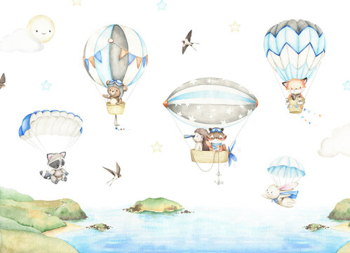 skydiving, airship illustration. cute little wild animals flying with parachute and hot air balloon.
