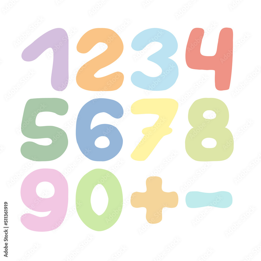 Cute multicolored numbers with plus and minus sign in doodle style ...