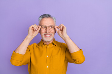 Sticker - Photo of smart aged white hairdo man look promo wear eyewear yellow shirt isolated on purple color background