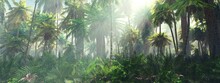 Jungle, Beautiful Rainforest In The Fog, Palm Trees In The Haze, Jungle In The Morning In The Fog, 3D Rendering