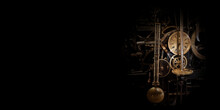 The Mechanism Of An Old Antique Watch In The Dark. Surrounded By Black Space.