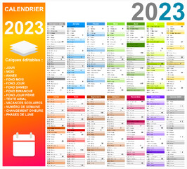 Wall Mural - Calendrier 2023 14 mois avec vacances 2023 entièrement modifiable via calques