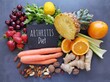 Healthy foods to help arthritis pain. Assortment of fresh fruit and vegetable for arthritis and inflammatory pain. Inflammation fighting foods, concept of rheumatoid arthritis diet.