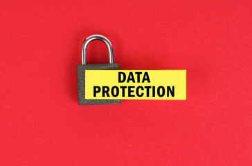 Poster - On the red surface there is a lock with a sticker with the inscription - Data protection