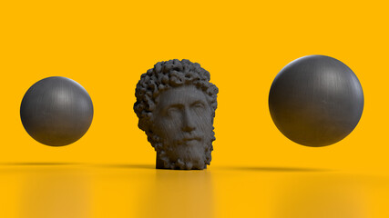 3d render curly head and two black balls on a yellow background