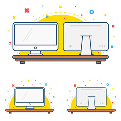 Computer screen icon. Front and back view. Desktop monitor flat thin line icon. PC display outline icon. Cartoon style icon isolated on white background. Vector element