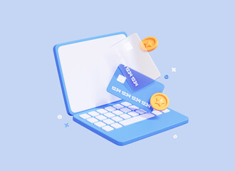 Wall Mural - 3D Laptop with credit card and coin. Online payment concept. Transfer money via computer. Shopping with contactless pay on web. Cartoon creative design icon isolated on blue background. 3D Rendering