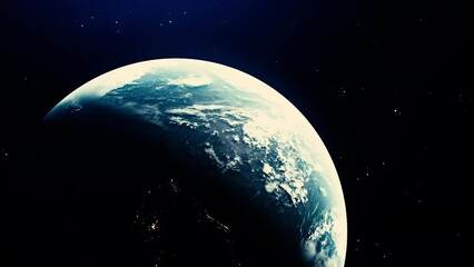 Poster - Rotating earth with change of day. Motion. 3D model of natural planet Earth with accelerated rotation. Rotating Earth with change of day in outer space