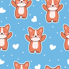 Happy Red Dog And Hearts. Seamless Vector Pattern On Blue Background.