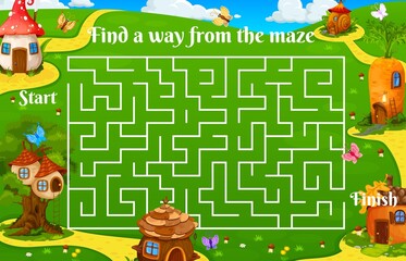 Leinwandbilder - Labyrinth maze with carrot, acorn and snail, mushroom and nest, vector cartoon houses. Kids game worksheet with labyrinth maze to find way to homes of gnome or elf in acorn and tree in fairy village