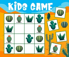 Aufkleber - Mexican cactuses in desert. Sudoku kids game worksheet, kindergarten children logical quiz, child educational riddle or sudoku puzzle vector template with cartoon cactuses plants