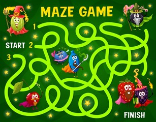 Aufkleber - Labyrinth maze, cartoon berry wizard, mage and fairy characters, vector worksheet. Kids escape game or labyrinth maze puzzle to search and find way for strawberry and cherry sorcerer with magic wand