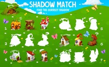 Shadow Match Game, Find Correct Shadow Of Gnome House Or Dwelling, Vector Worksheet. Kids Game Riddle Or Tabletop Puzzle To Find And Match Silhouette Of Cartoon Dwarf Gnome Homes In Mushroom Or Boot