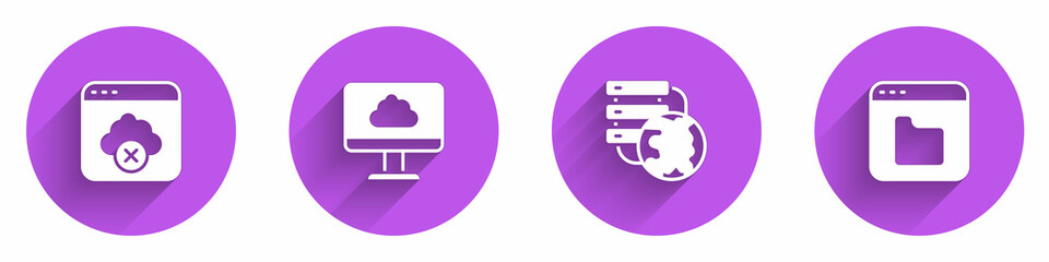 Poster - Set Failed access cloud storage, Cloud technology data transfer, Network connection and Browser files icon with long shadow. Vector