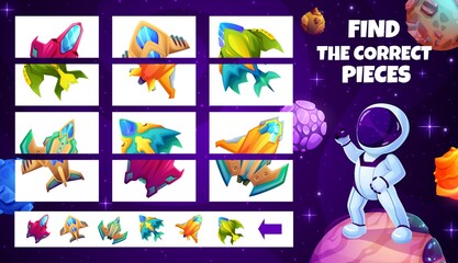 Poster - Help to astronaut find a pieces of starship, kids game worksheet. Cartoon match the halves vector test with spaceships, rockets or shuttles in space. Riddle for children logic activity, education task