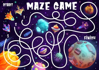 Poster - Labyrinth maze game cartoon space galaxy planets, spacecrafts and starship shuttles. Kids vector board game with path, start, finish and rockets, educational children riddle, preschool activity task