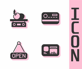 Poster - Set Identification badge, Electronic scales for product, Hanging sign with Open and Credit card icon. Vector