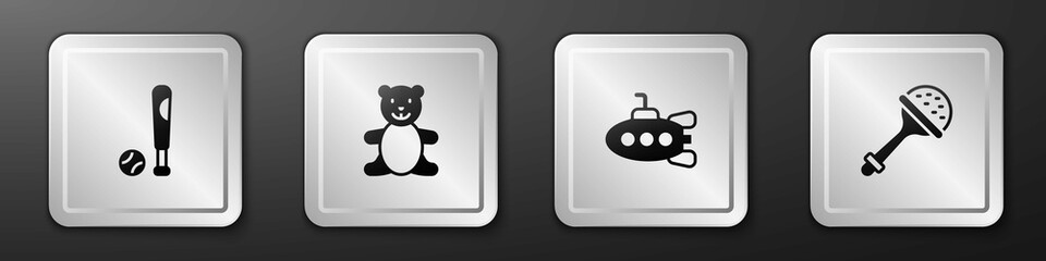 Canvas Print - Set Baseball bat with ball, Teddy bear plush toy, Submarine and Rattle baby icon. Silver square button. Vector