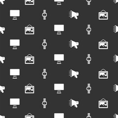 Poster - Set Megaphone, Picture landscape, Computer monitor and Wrist watch on seamless pattern. Vector
