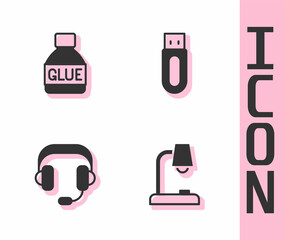 Poster - Set Table lamp, Glue, Headphones and USB flash drive icon. Vector