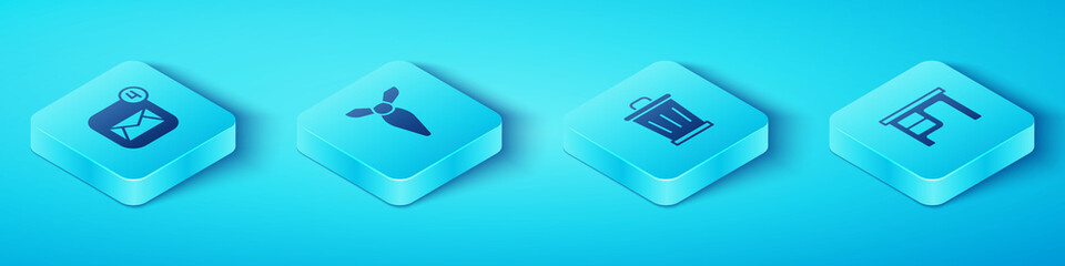 Poster - Set Isometric Envelope, Tie, Office desk and Trash can icon. Vector