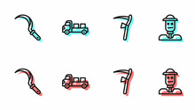 Set Line Scythe, Sickle, Pickup Truck And Scarecrow Icon. Vector