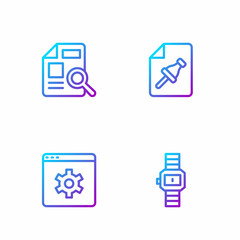 Poster - Set line Wrist watch, Browser setting, Document with graph chart and Note paper push button. Gradient color icons. Vector