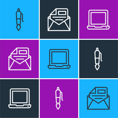 Poster - Set line Fountain pen nib, Laptop and Mail and e-mail icon. Vector
