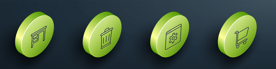 Poster - Set Isometric line Office desk, Trash can, Browser setting and Shopping cart icon. Vector