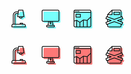 Poster - Set line Graph chart infographic, Table lamp, Computer monitor and Delete file document icon. Vector