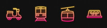 Set Line Cable Car, Scooter, Train And Railway And Taxi Roof. Glowing Neon Icon. Vector