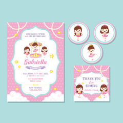 birthday girl invitation set with cute ballerina