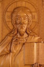 Detail Of Wood Carving Bas-relief Of Jesus Christ Blessing.