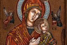 Icon Painted In The Byzantine Or Orthodox Style Depicting Virgin Mary And Jesus.