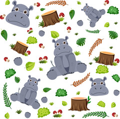 Poster - Hippopotamus cute animal seamless pattern