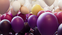 Fun Celebration Background, With Purple, Yellow And Cream Balloons. 3D Render.
