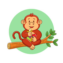 Cartoon Illustration Of Cute Monkey Eating Fruits