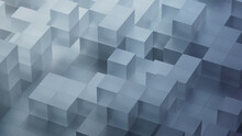 Neatly Arranged Translucent Blocks. Grey, Modern Tech Background. 3D Render.