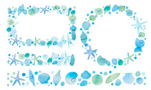 水彩画。水彩タッチの夏の貝殻ベクターフレーム。爽やかブルーの貝殻背景。Watercolor. Summer Seashell Vector Frame With Watercolor Touch. Fresh Blue Seashell Background.