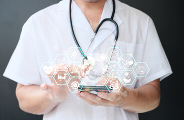 Poster - Doctor holds a virtual heart in his hand. Handdrawn human organ with blue highlights as a symbol of recovery. Heart disease, myocardial infarction, innovative technologies, future medicine, healthcare