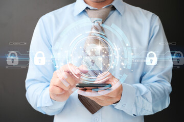 Poster - Businessman using smartphone with padlock protecting business and information data with virtual network connection, Innovation technology develop smart solution from digital attack, Cyber security