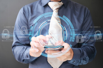 Poster - Businessman using smartphone with padlock protecting business and information data with virtual network connection, Innovation technology develop smart solution from digital attack, Cyber security