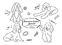アメリカン・コッカー・スパニエル　犬の手書きイラストセット　線画