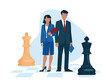 © Tatyana - Strategy. Business people and chess stand on a chess board. Woman and man in business suits. Office staff, worker, student, teacher. Vector image.