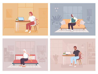Poster - Backache and cramps flat color vector illustration set. Lower back pain while sitting. Osteoarthritis symptom. Fully editable 2D simple cartoon character collection with cozy interior on background