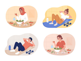 Poster - Healthy diet and exercise routine 2D vector isolated illustration set. Flat characters on cartoon background. Fitness and nutrition colorful editable scene collection for mobile, website, presentation