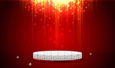 Poster - Pedestal of platform display with modern marble stand podium on red room background. Podium round stage with golden pearls on red background for demonstration of cosmetic products. Showcase. Vector